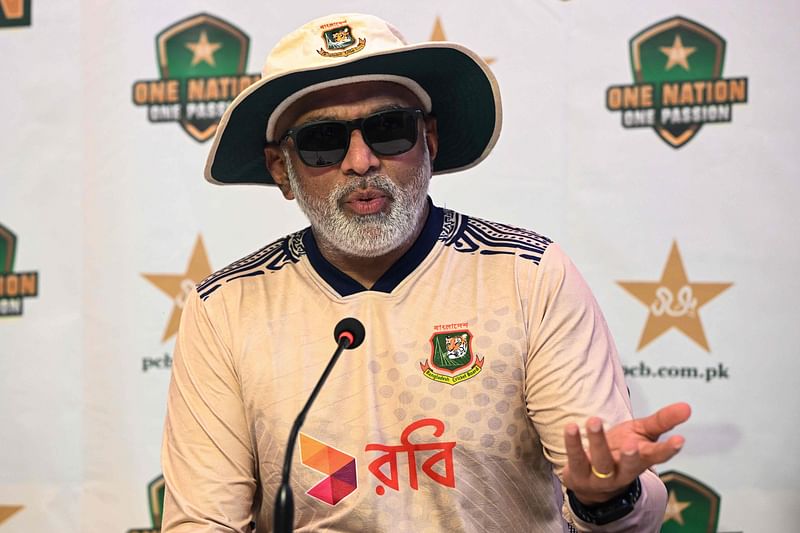 Bangladesh’s head coach Chandika Hathurusinghe speaks during a press conference at the Rawalpindi Cricket Stadium in Rawalpindi on 19 August 2024. Bangladesh begin a two-Test series in Pakistan this week with their preparations severely hampered by the political turmoil that has wracked the country